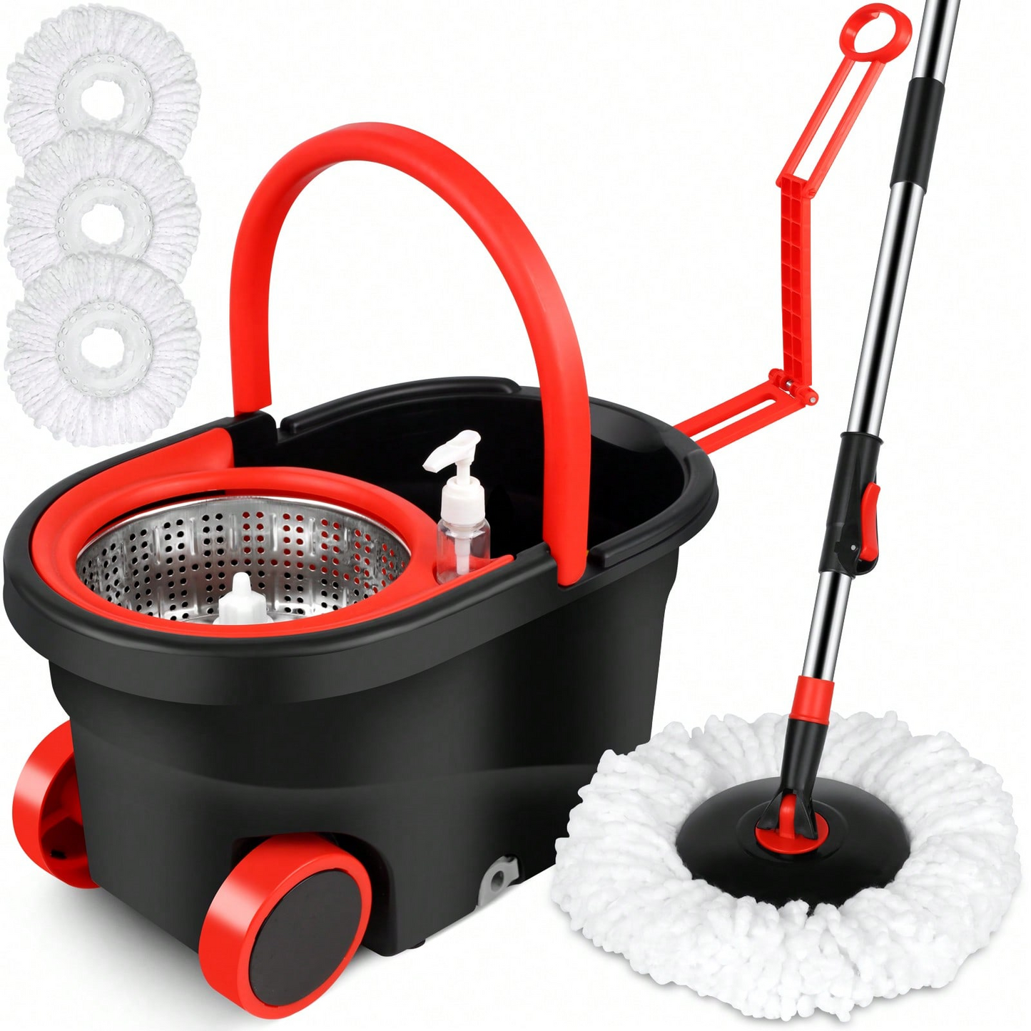 Spin Mop Bucket Set with Soap Dispenser 360°Rotating 2 Microfiber Heads 61" Adj image 2