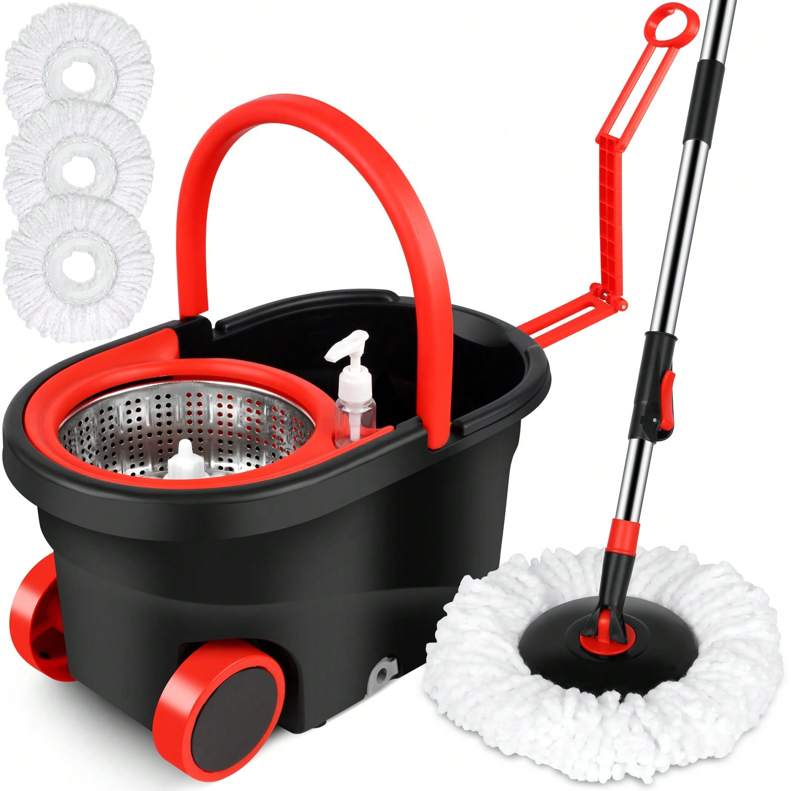 Spin Mop Bucket Set with Soap Dispenser 360°Rotating 2 Microfiber Heads 61" Adj image 2