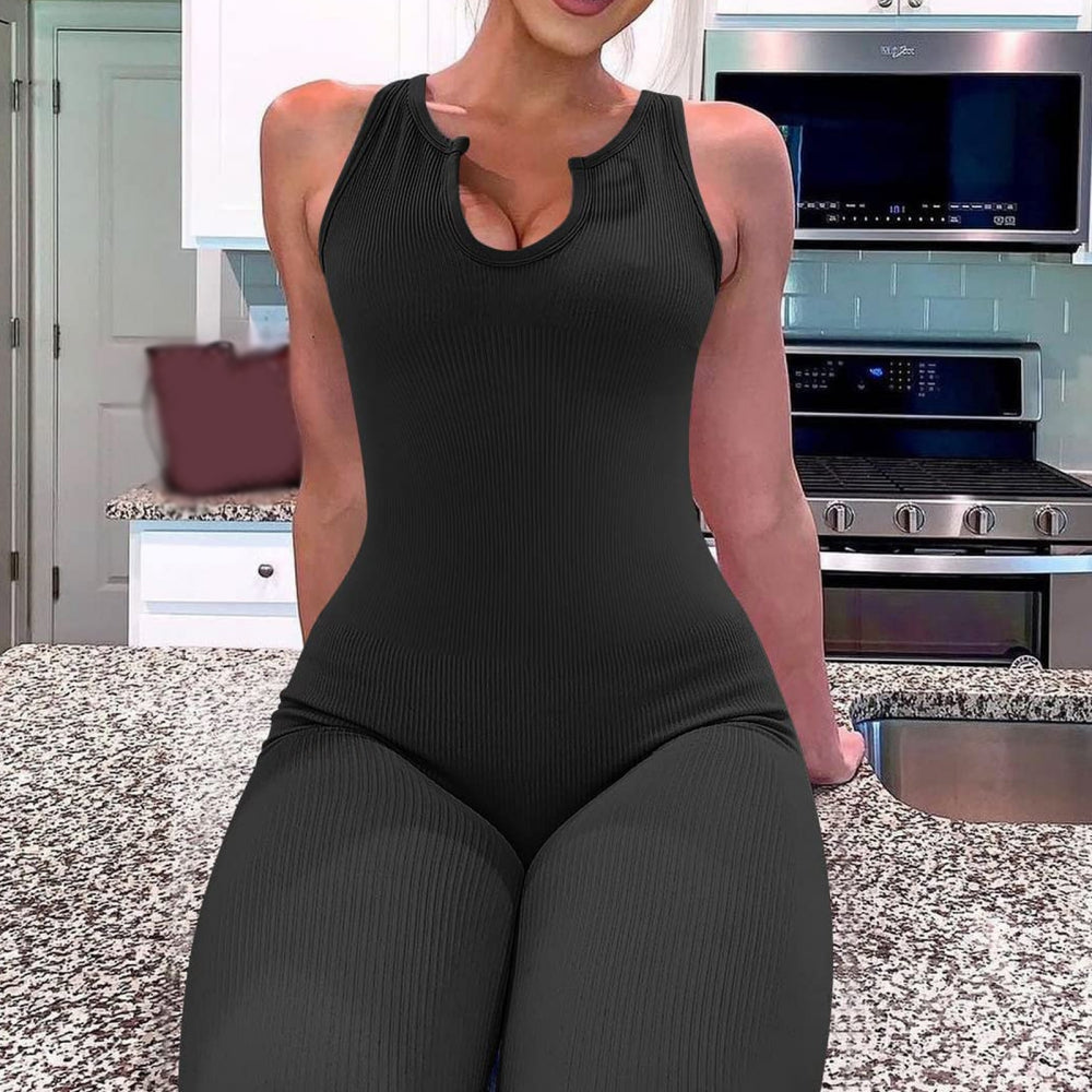 Women's One-Piece Ribbed Yoga Sports Jumpsuit Solid Color Sleeveless Slimming B image 3