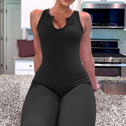 Women's One-Piece Ribbed Yoga Sports Jumpsuit Solid Color Sleeveless Slimming B image 3
