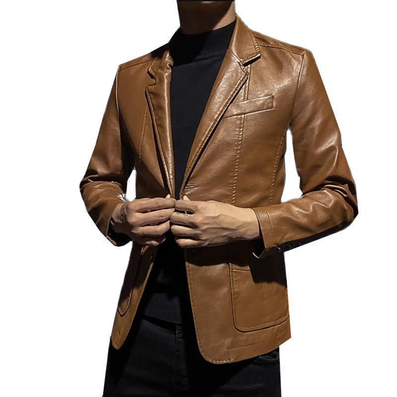 2024 New Men Business Casual Leather Jacket Black / khaki Fashion Male Suit Col image 4