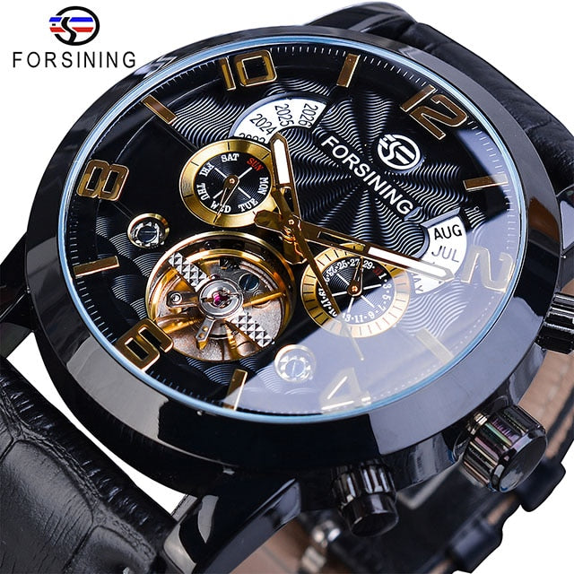 Forsining Tourbillion Fashion Wave Black Golden Clock Multi Function Display Me image 1