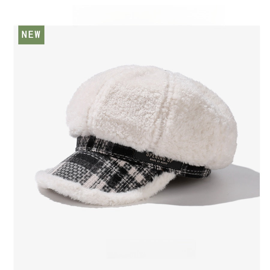 Plush Octagonal Cap Girls Autumn Winter Warm Beret Big Head Face Small Newspape image 1