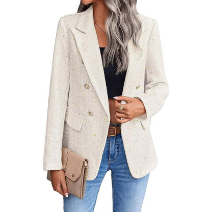 Women's Fashion Tweed Double Breasted Blazer Coat Vintage Long Sleeve Flap Pocket