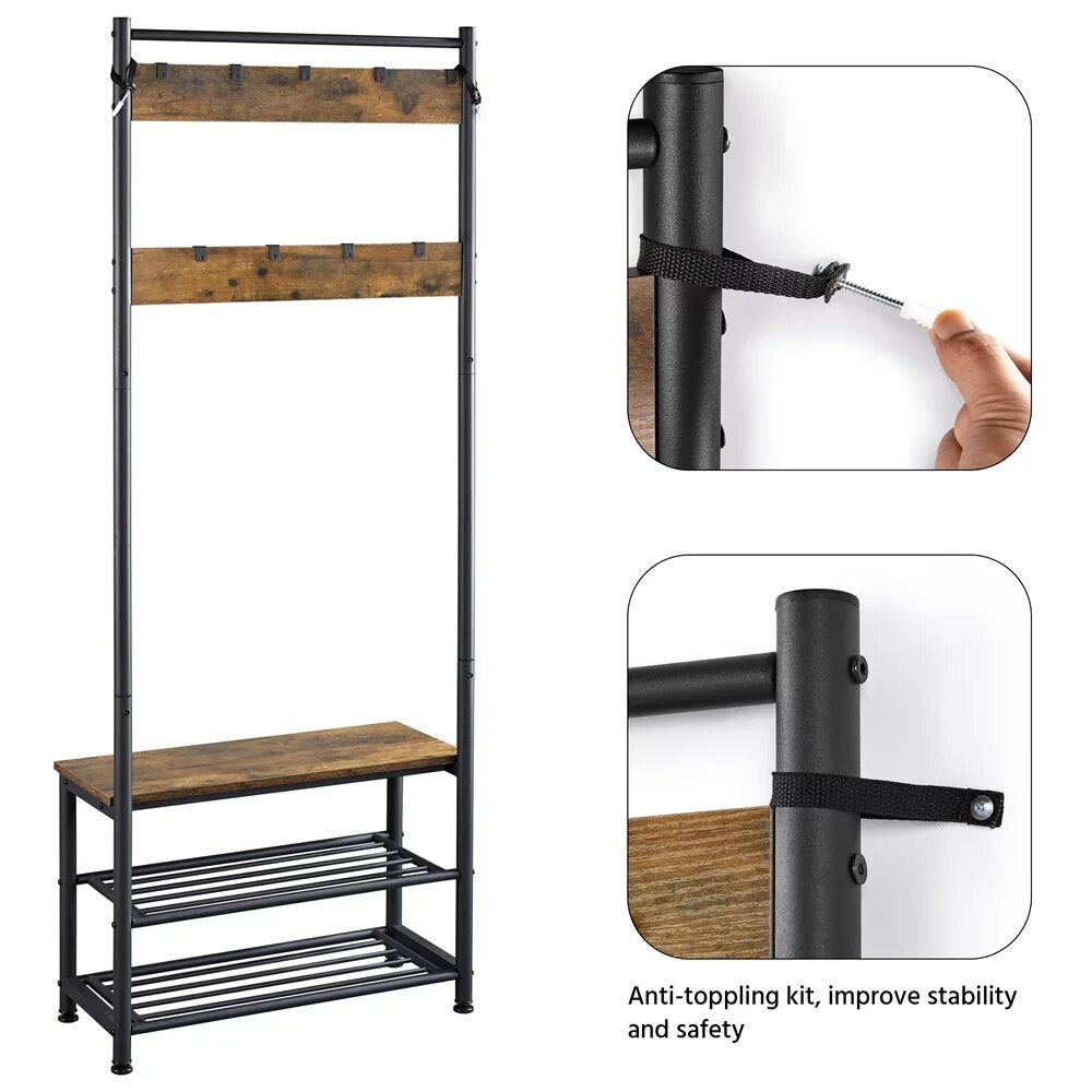 Alden Design 73" Metal Hall Tree with Shoe Storage Bench, Rustic Brown clothing image 3