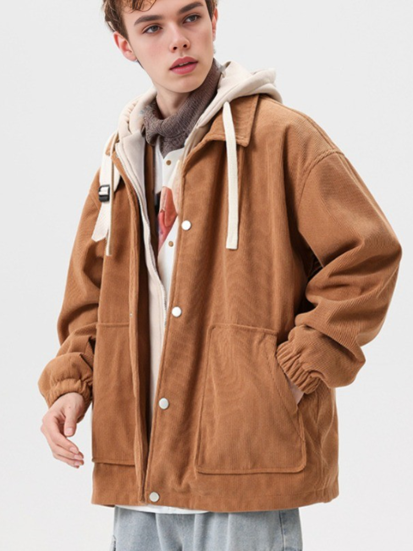 Men's Corduroy Hooded Jacket Autumn Winter Thickened Warm Faux Two-Piece Hoodie image 3