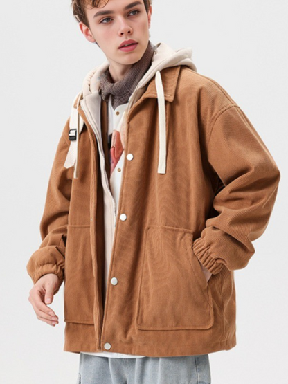 Men's Corduroy Hooded Jacket Autumn Winter Thickened Warm Faux Two-Piece Hoodie image 3