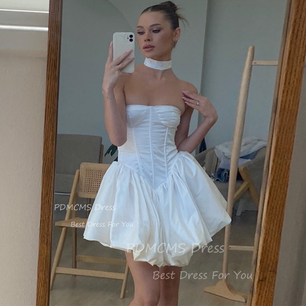 Ivory A Line Short Wedding Party Dresses Draped Satin Strapless Bridal Gow
