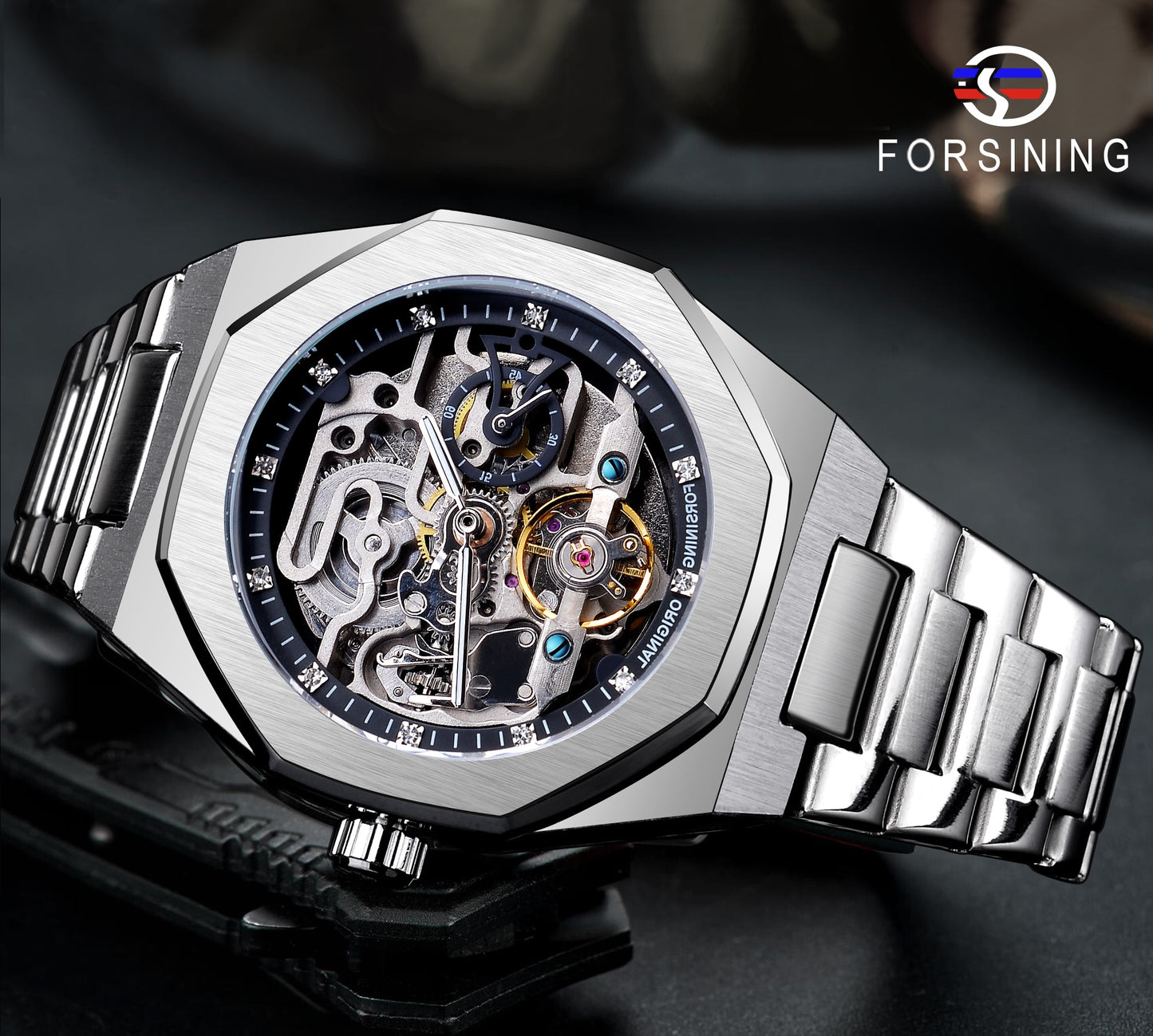 Forsining Casual Automatic Watch 3D Diamond Skeleton Hollow Mens Wristwatches L image 3