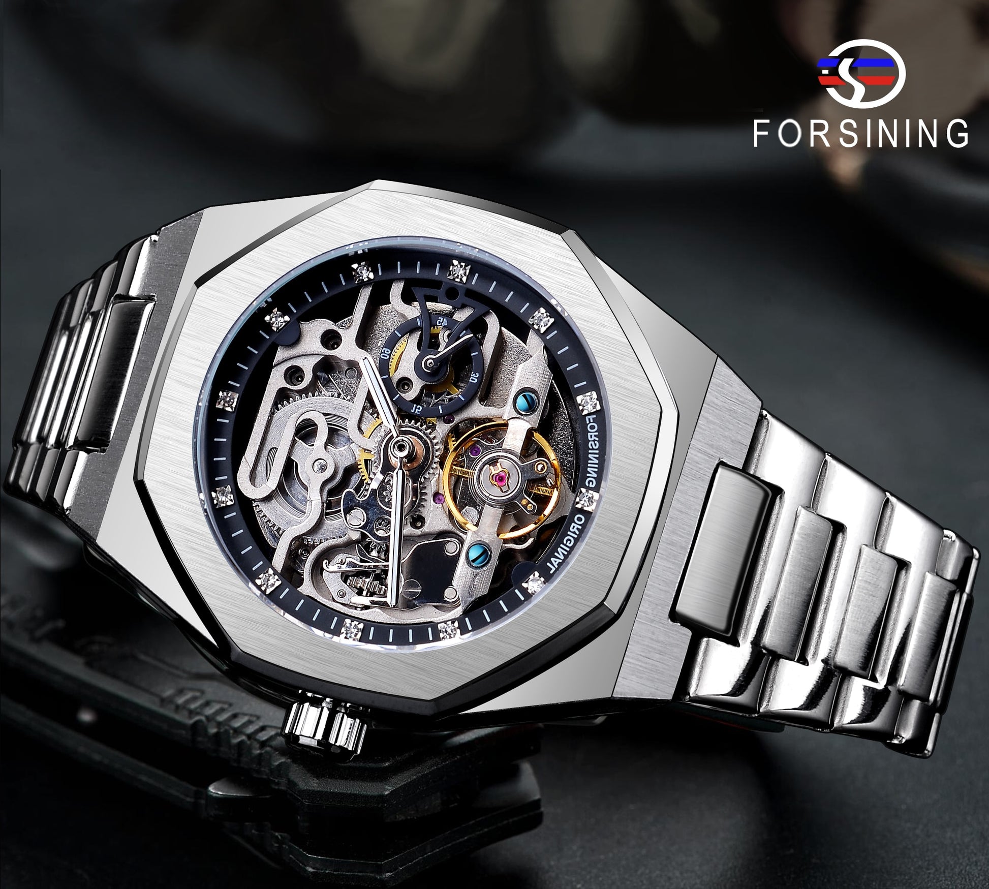 Forsining Casual Automatic Watch 3D Diamond Skeleton Hollow Mens Wristwatches L image 3