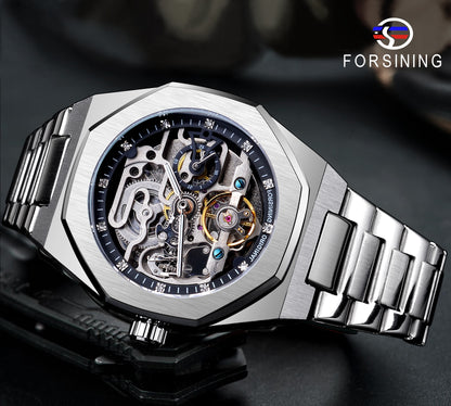 Forsining Casual Automatic Watch 3D Diamond Skeleton Hollow Mens Wristwatches L image 3
