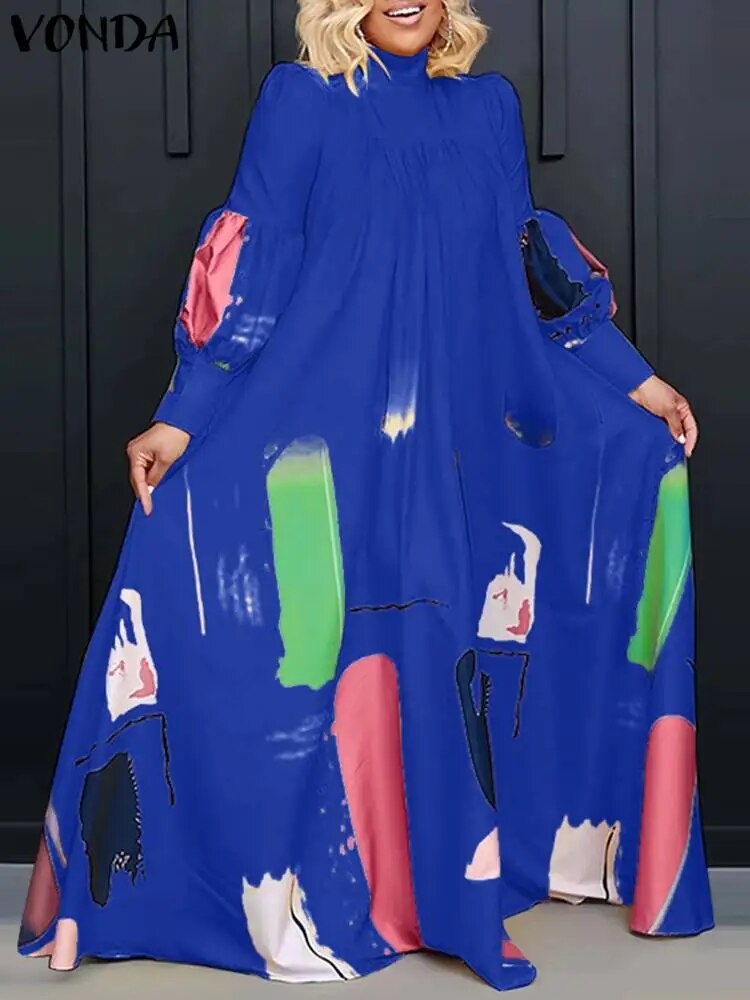 Plus Size VONDA 2023 Women Bohemian Dress Turtleneck Printed Floor-Length Sundr