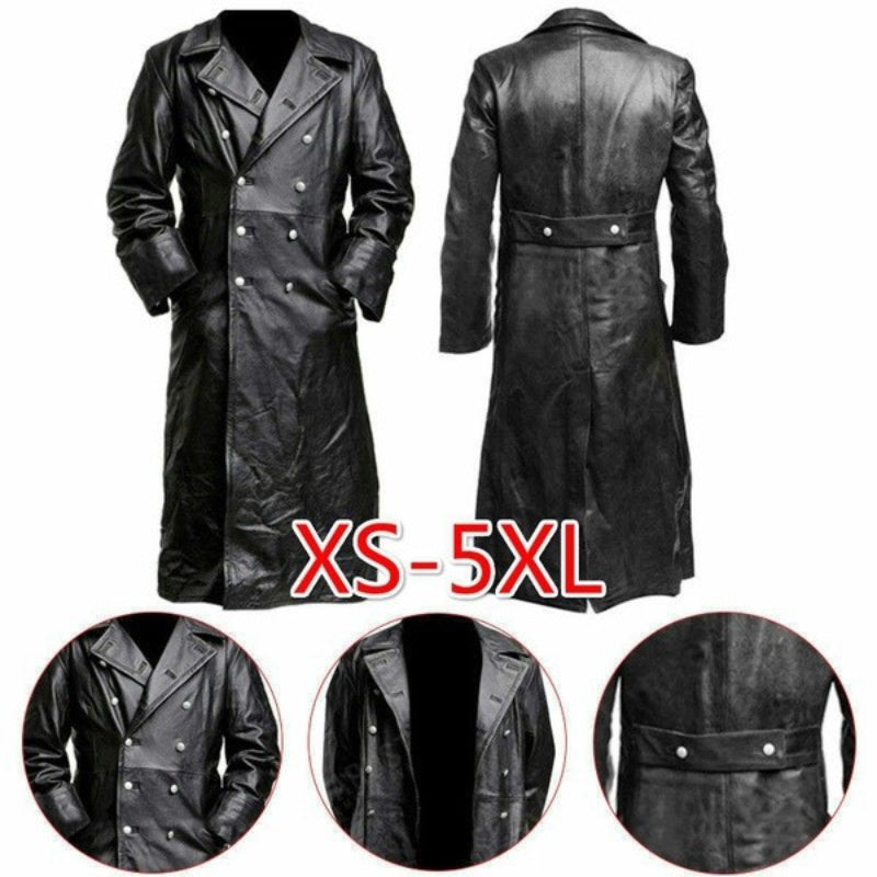 MEN'S GERMAN CLASSIC WW2 MILITARY UNIFORM OFFICER BLACK  LEATHER TRENCH COAT image 1