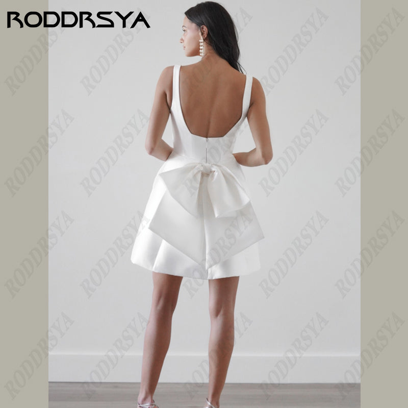 RODDRSYA Short Mini Satin Wedding Dress Square Collar Removable Bow Robe De Mar image 8