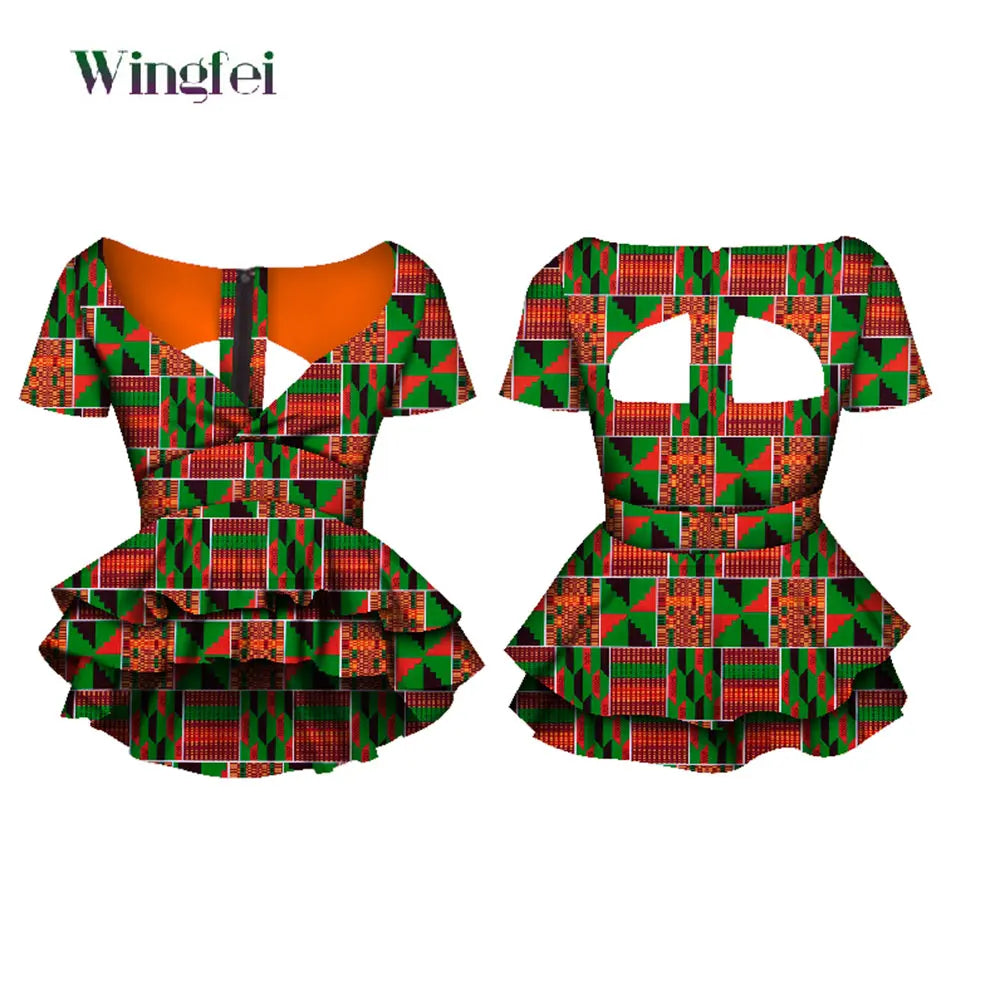Dashiki African Clothes For Women Bazin Riche  V-Neck Crop Top Shirts Ankar