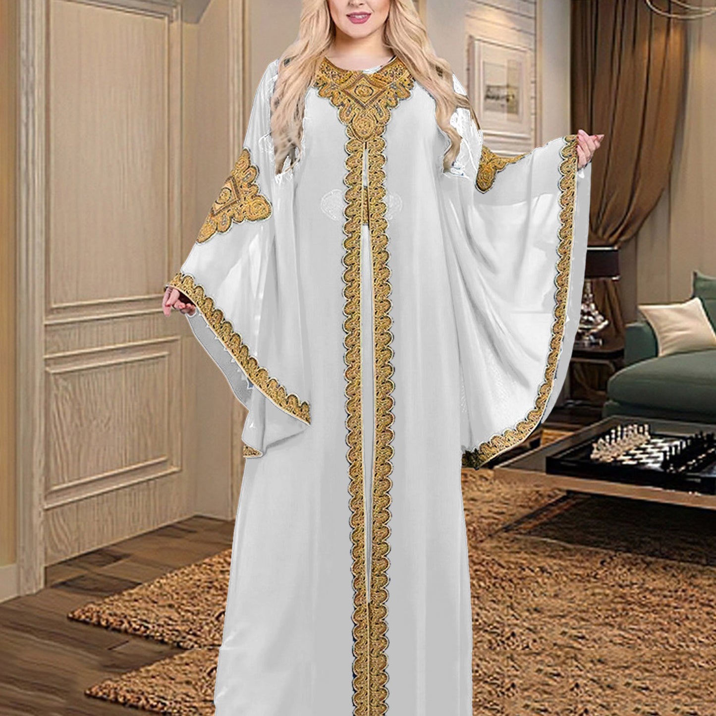 Party Dresses for Women Abaya Muslim Caftan 2 Piece Set Eid Flare Sleeves Robe image 4