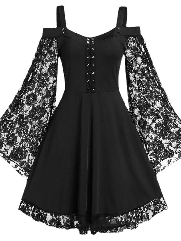 2022 New Gothic One-shoulder Lace Stitching Flared Sleeve Dress Literary Vintag