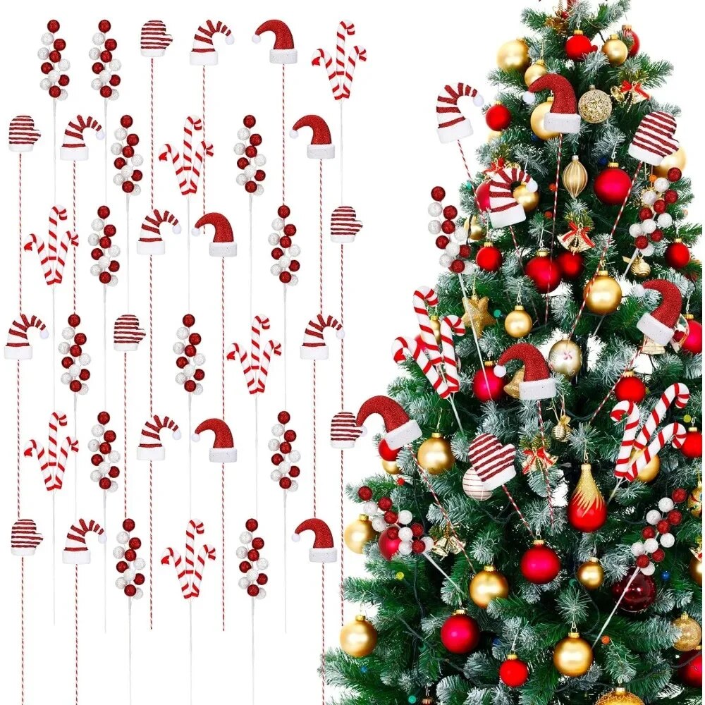 36 Pcs Christmas Tree Decoration Balls and Candies with Sticks Christmas Tree F image 1