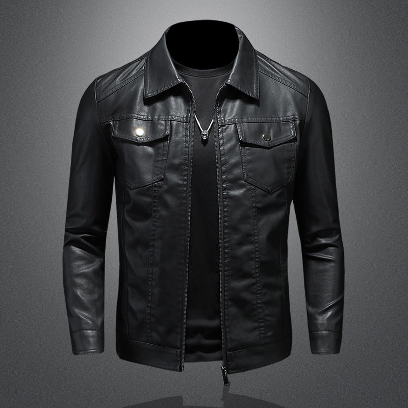 Men's lapel leather jacket autumn oversized slim motorcycle riding suit winter  image 1