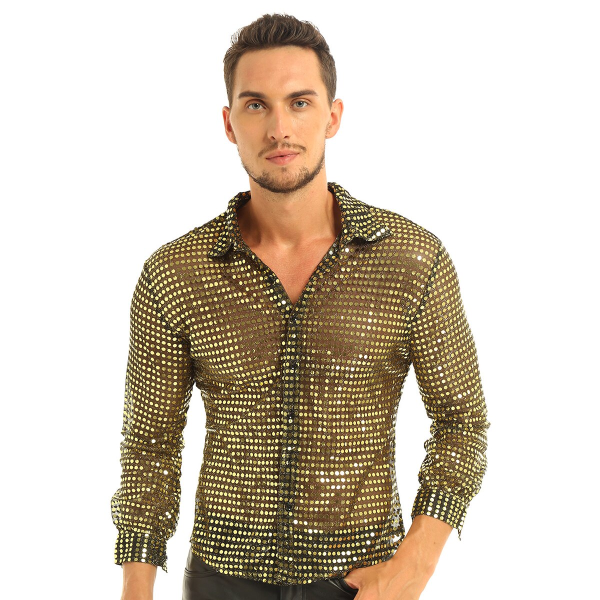 Men's Tuxedo Shirts Shiny Sequins See Through Messed Long Sleeve Clubwear for