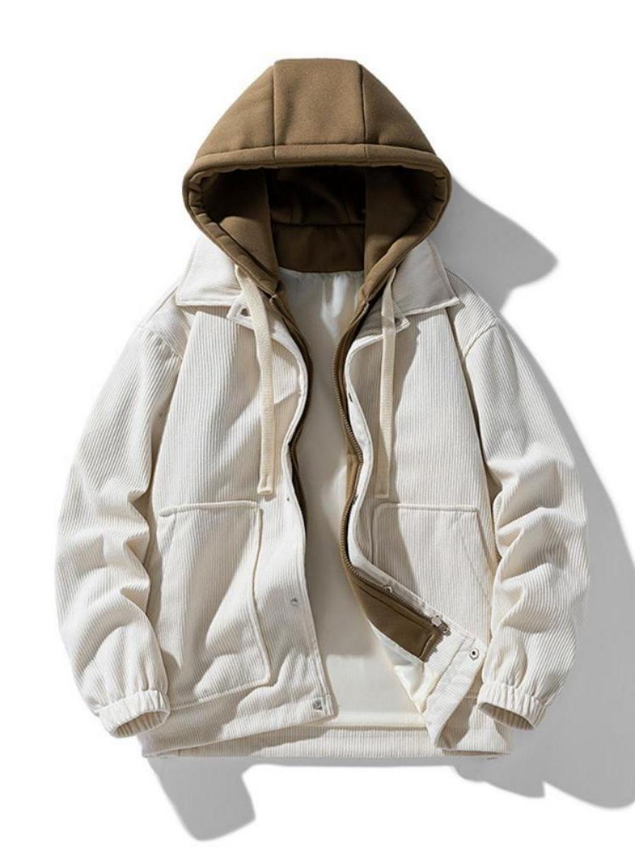 Men's Corduroy Hooded Jacket Autumn Winter Thickened Warm Faux Two-Piece Hoodie image 4