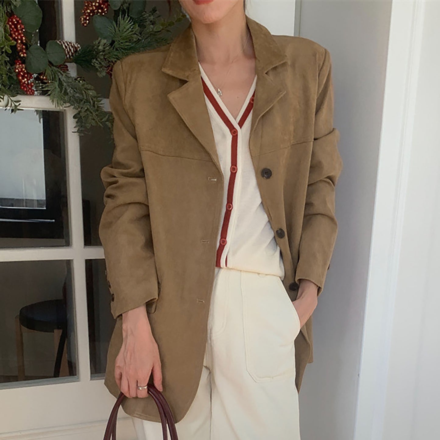 Khaki Coffee Women Suede Suit Jackets Elegant Lady Office Work Chamois Blazers  image 1