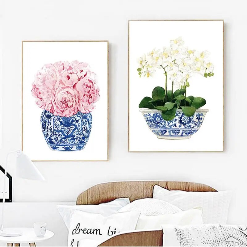 Blue and White Chinese Vase Watercolor Flower Art Prints Willow Style Chinese P