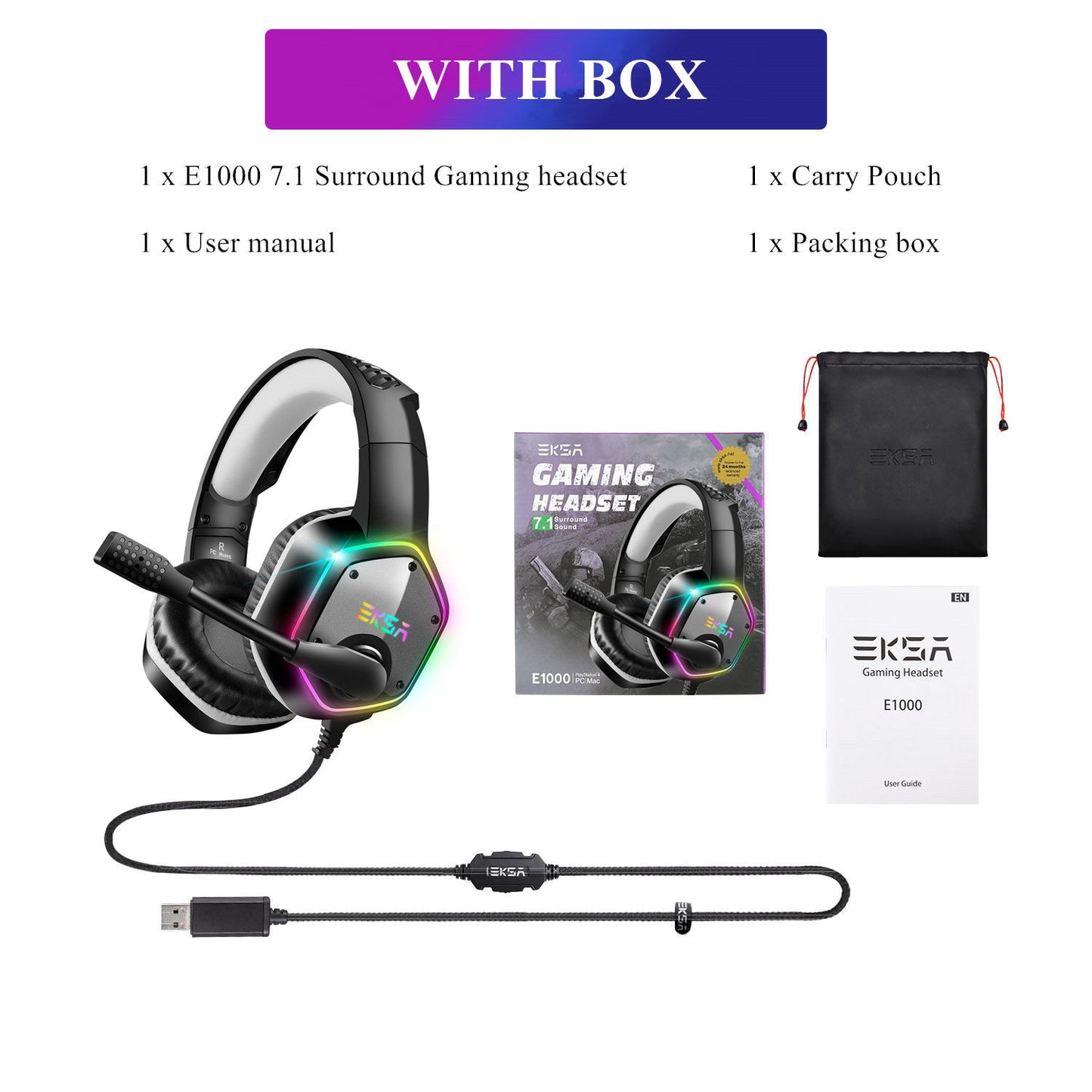 Eksa E1000 Gaming Headset | 7.1 Surround Sound, Rgb Led, Noise-Cancelling Mic | Pc, Ps4, Ps5, Mac