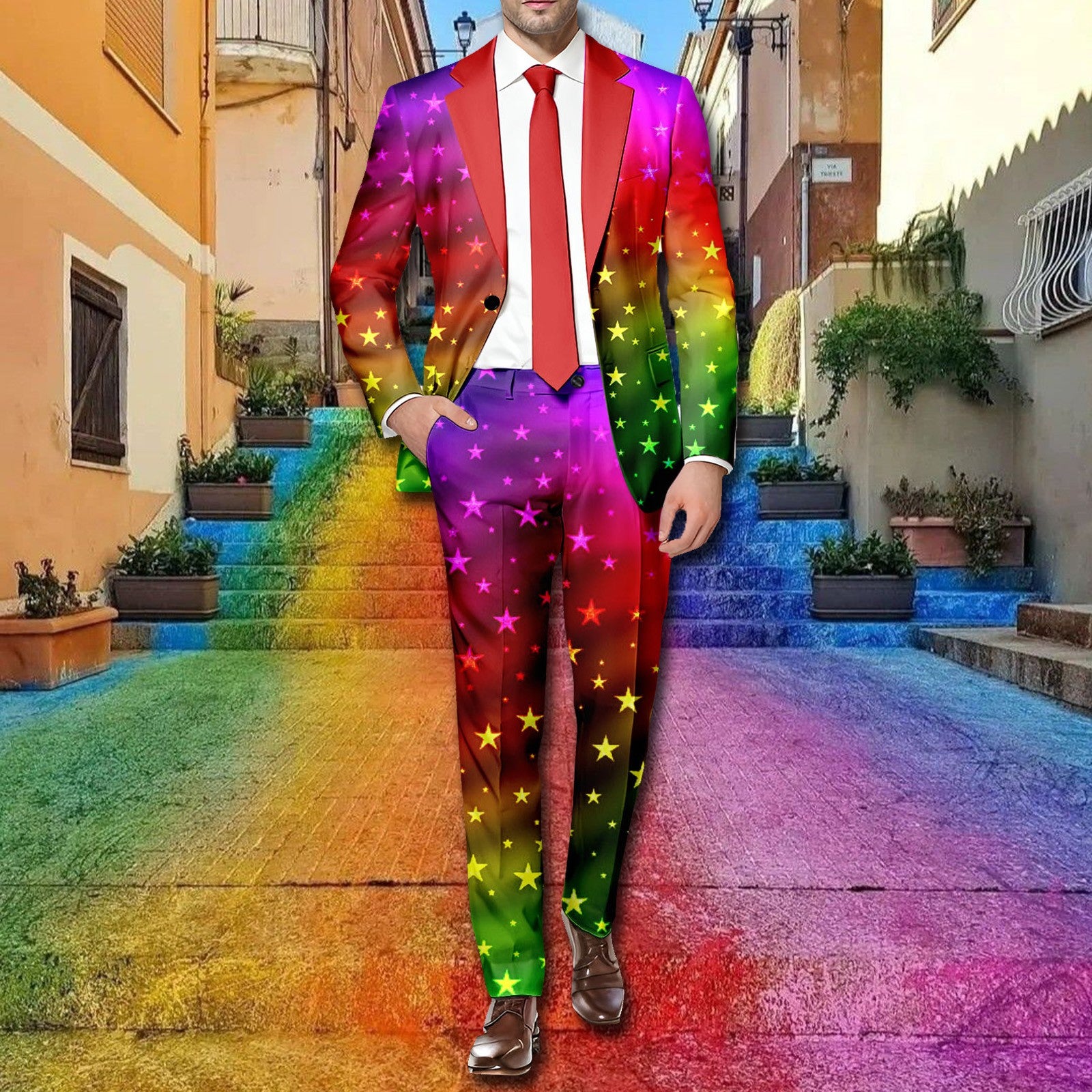 Rainbow Color Printed Men Suit 2 Piece Set Long Sleeve Blazer Coat And Pants Su image 1