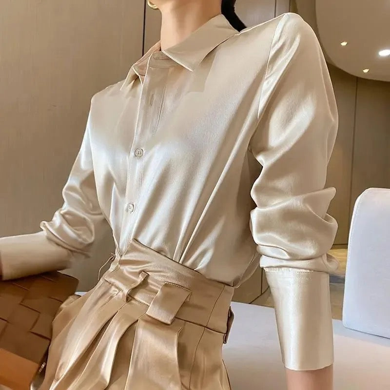 2024 Summer Trend Fashion Women's Casual Elegant Satin Long Sleeved Shirt Offic image 3