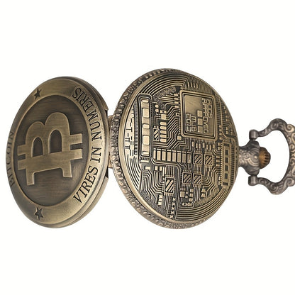 Antique Bronze Bitcoin Pattern Quartz Pocket Watch Exquisite Engraving Souvenir image 3