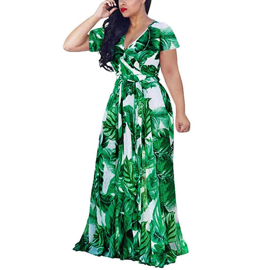 Leaf Print Women Clothing 2021 Bohemian Womens Summer Dress Plus Size Dress V-n