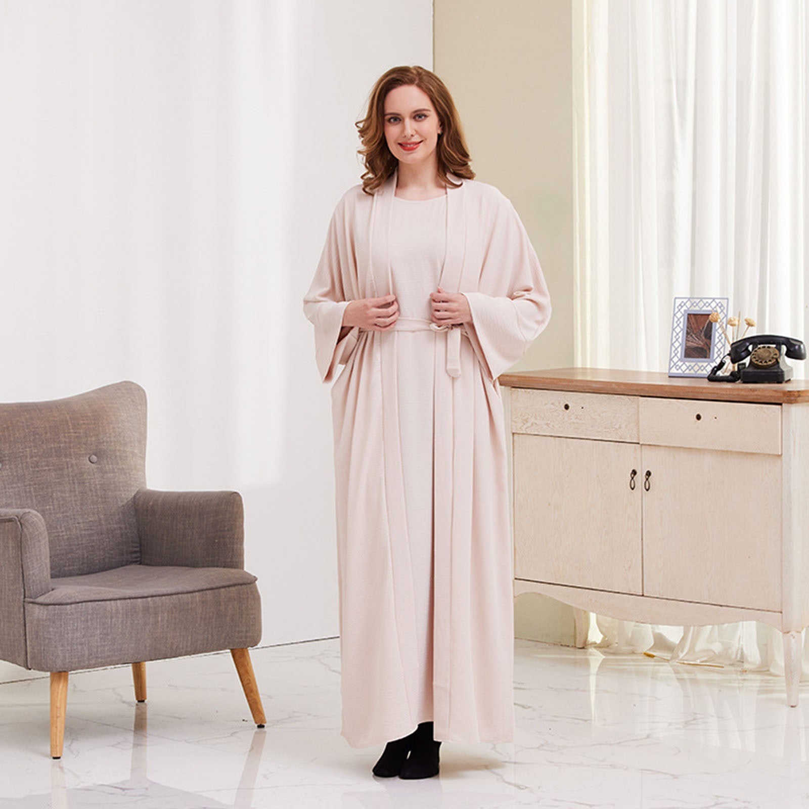 Muslim Plus Size Two Piece Set Long Shirt Long Skirt Robe Set Solid Colour Casu image 2