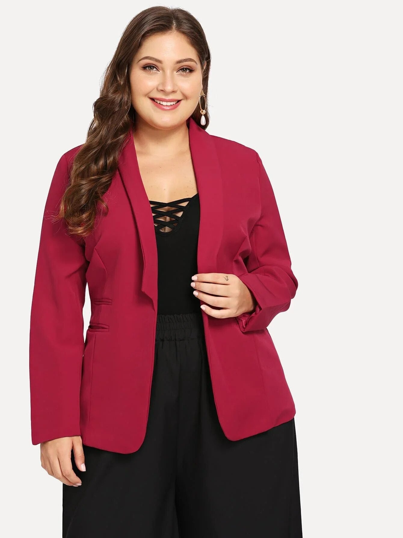 Plus Size Open Front Casual Blazer Women Long Sleeve Pocket Shawl Collar Spring image 0