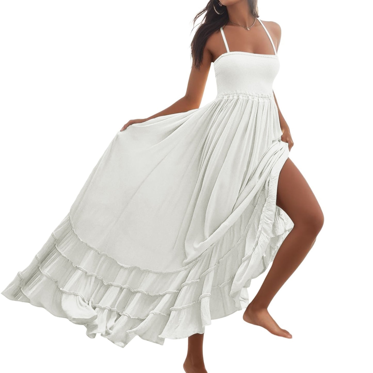 Sexy Bandage Backless Maxi Dress Elegant Halter Draped Long Dress White Sleevel image 6