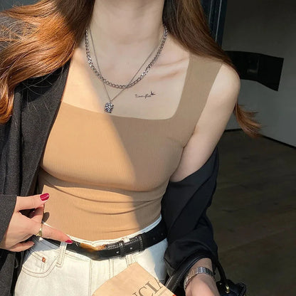 New Wide Shoulder Camisole Square Neck  Back Threaded Vest Women's Sea image 5