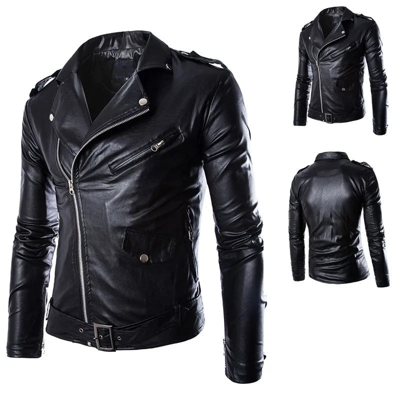 Fashion  PU Leather Jacket Men Buckle Zip Lapel Collar British  Black White Pun image 2