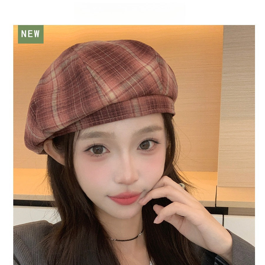 Fresh Brushed Plaid Beret Girls Fashion Painter Hat Literary Show Face Small Ne image 8
