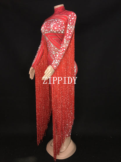 Red Fringes Rhinestones Jumpsuit Stage Bodysuit Celebrate Dance Tassel Costume image 7