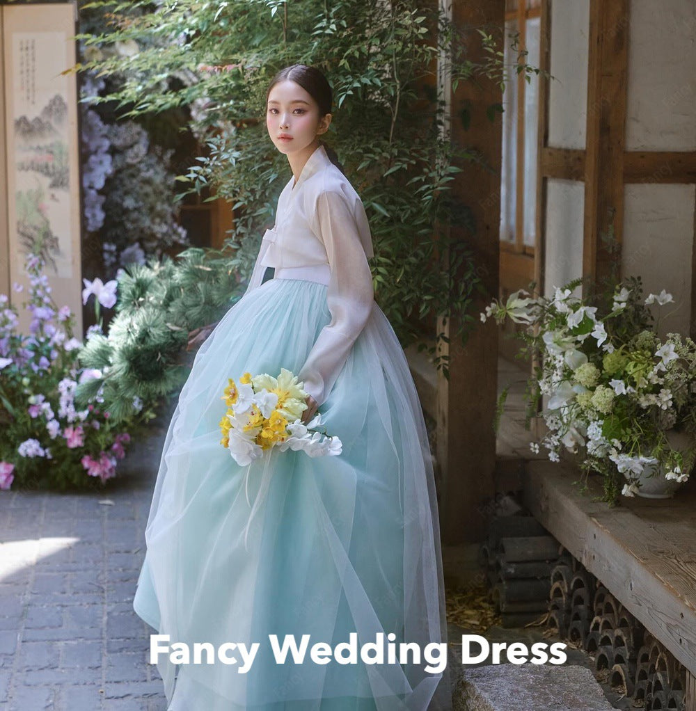 Fancy Simple V Neck Light Blue Wedding Dress Korea Photo Shoot A Line Organza B image 1