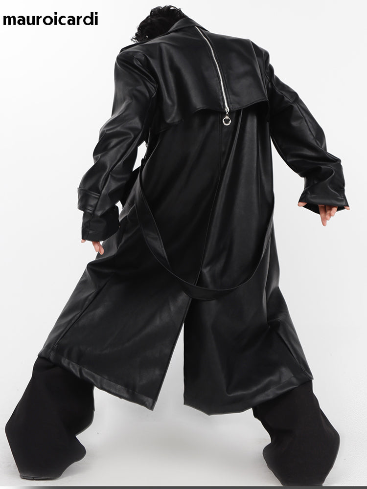 Mauroicardi Spring Autumn Oversized Cool Long Black Brown Pu Leather Trench Coa image 2