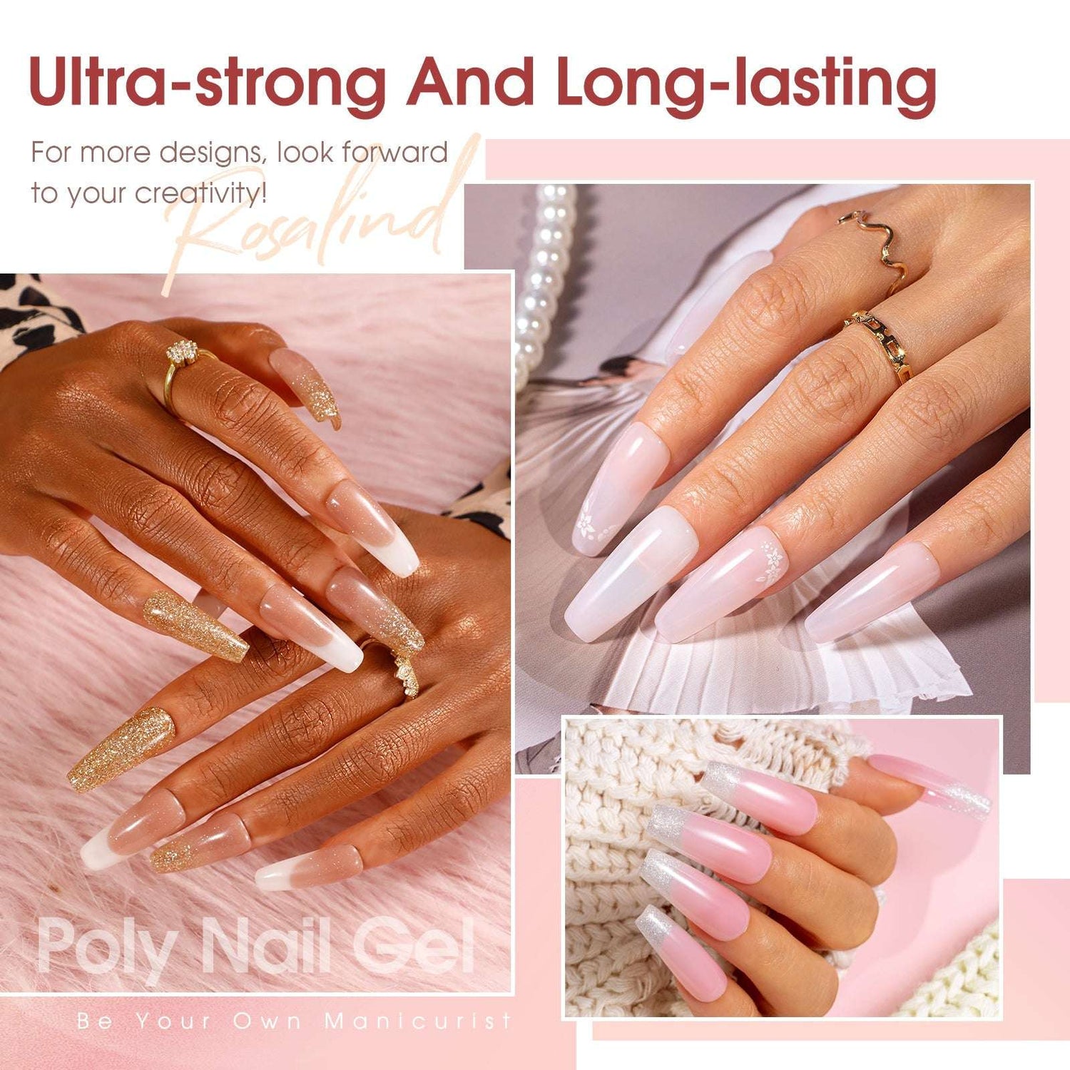 ROSALIND Poly Nail Gel Kit -20 Colors + 76 Nail Art Accessories kit Clear Nude