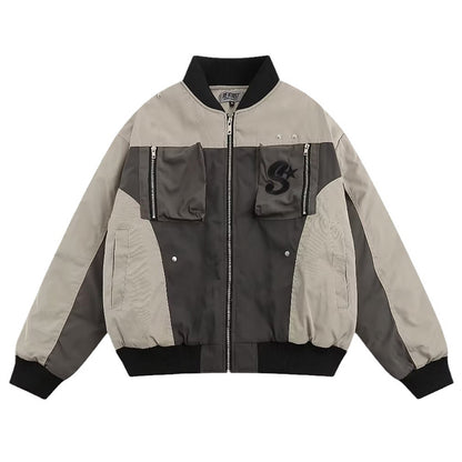 Street Retro Patchwork Baseball Jacket Man Autumn Loose Pilot Jackets Multi Poc image 6