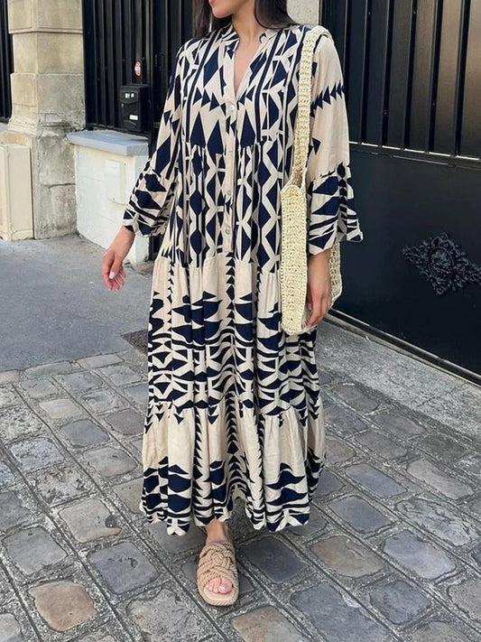 Elegant Summer Maxi Dress Women 2023 Casual Streetwear  Vintage Geometric V Nec