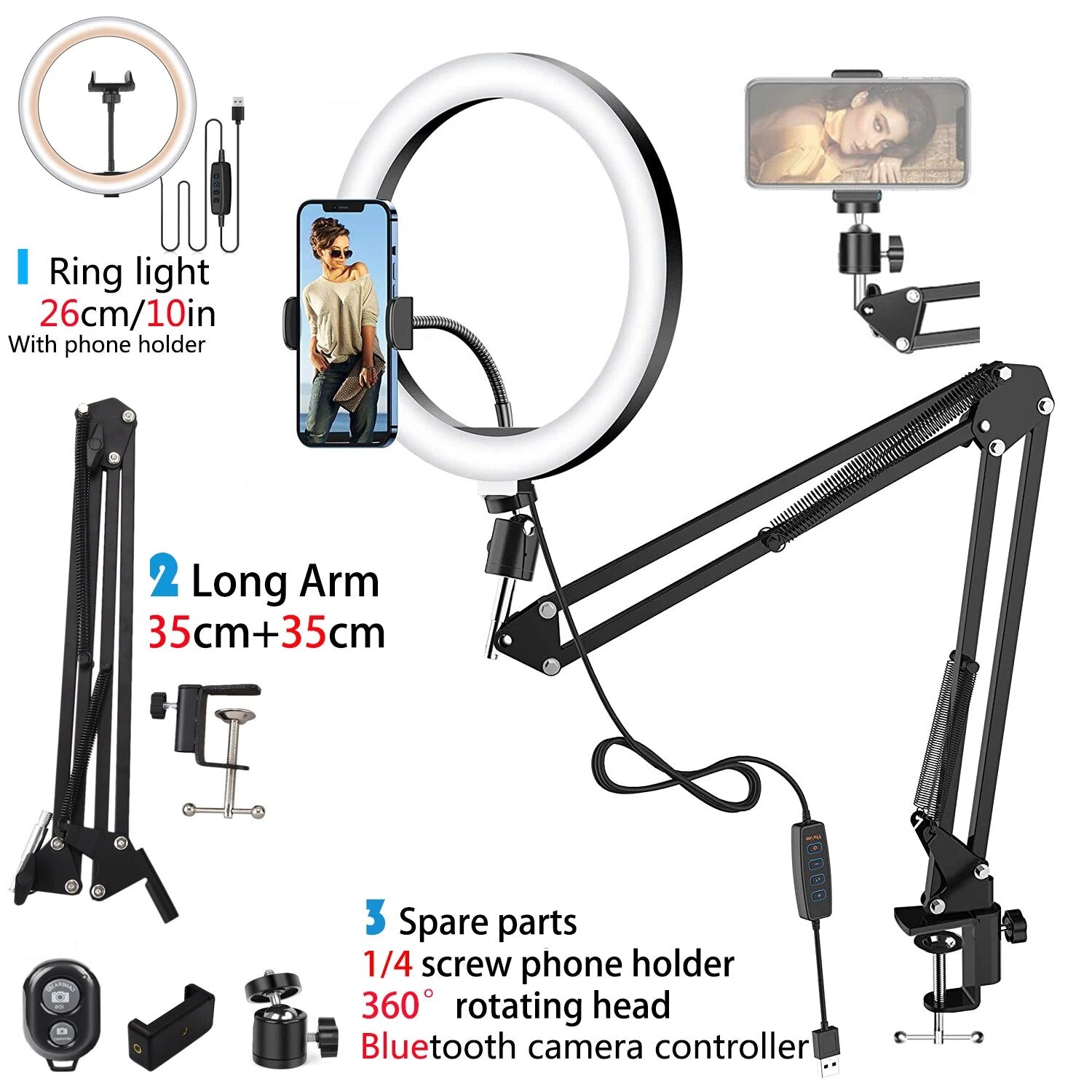 LED Selfie Ring Light Phone Stand With Folding Arm Circle Fill Light Dimmable T
