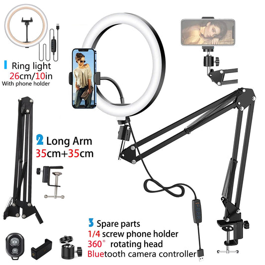 LED Selfie Ring Light Phone Stand With Folding Arm Circle Fill Light Dimmable T