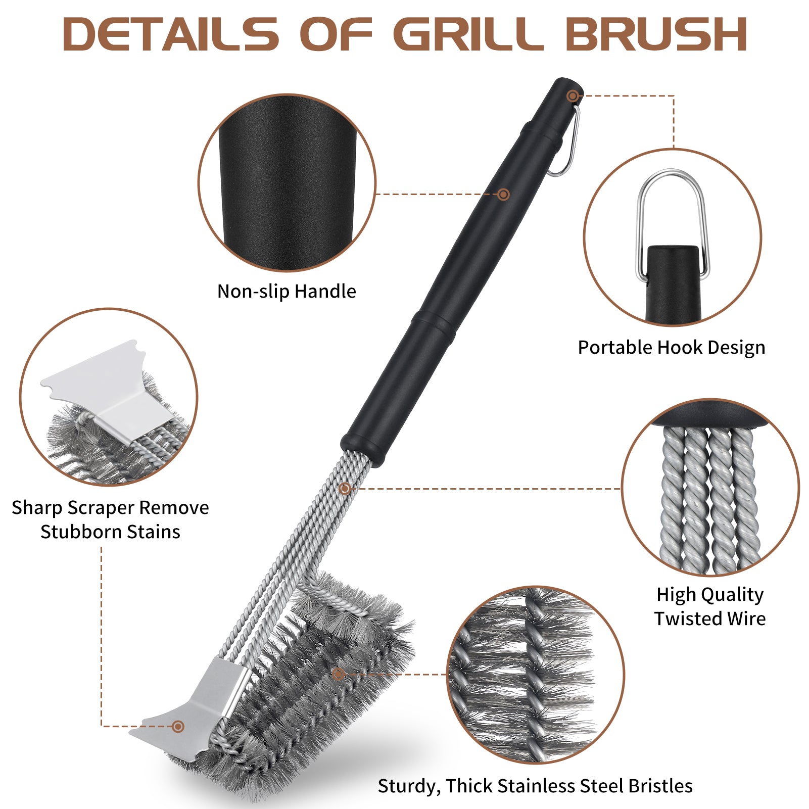 Stainless Steel Grill Brush with Scraper, 19 in Grill Brush for Outdoor Grill,  image 3