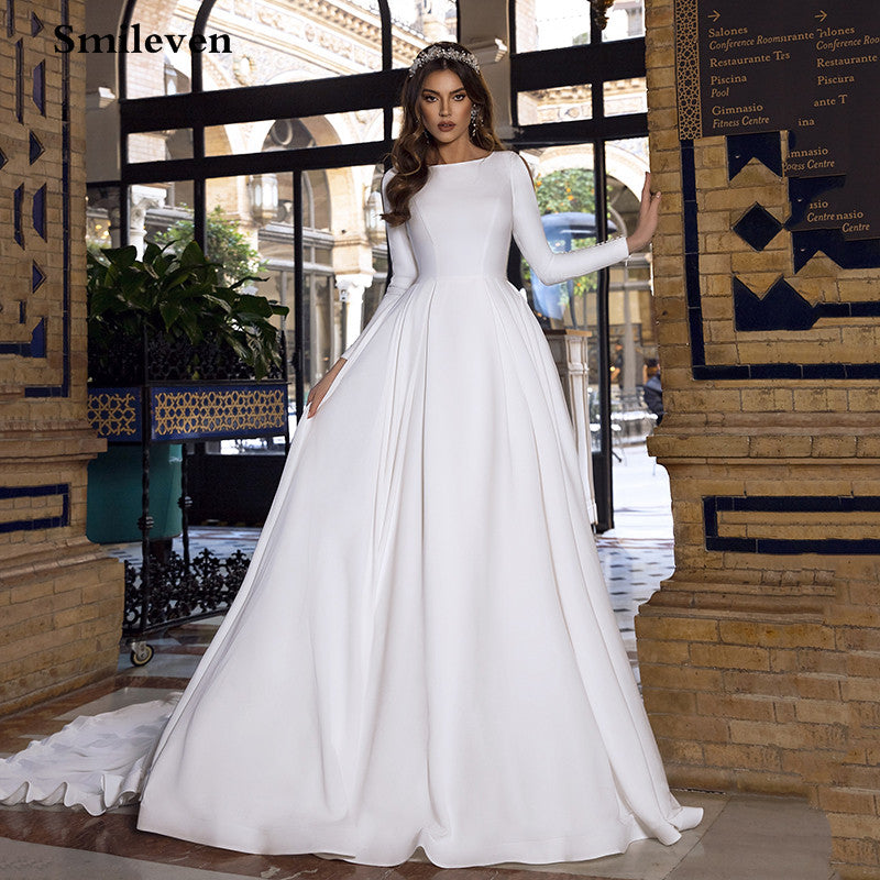 Smileven Satin Princess Wedding Dresses Long Sleeve Backless Caftan  Bri