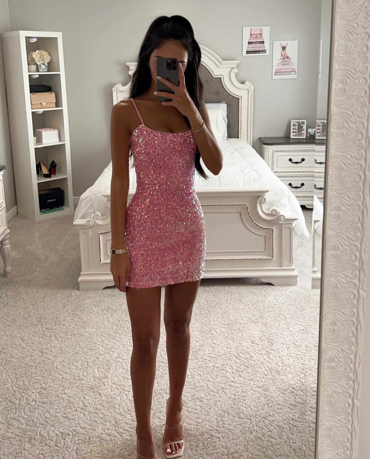 Pink Sparkly Sequin Homecoming Dresses Short for Girls 2025 Sheath Spaghetti St