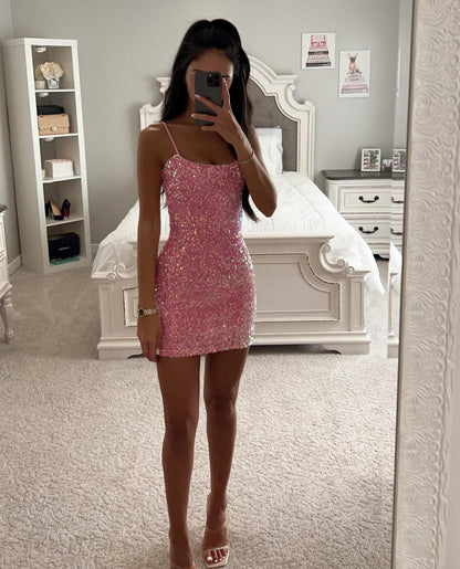 Pink Sparkly Sequin Homecoming Dresses Short for Girls 2025 Sheath Spaghetti St